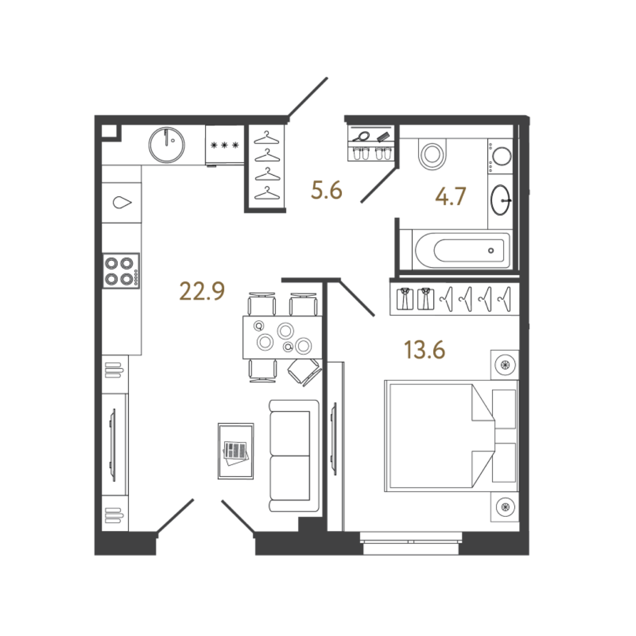 Планировка 1-ком. апартаменты, 49 м² в жилом комплексе Репин у Финского залива - Тип планировки: 1-2А с оптимальным зонированием пространства