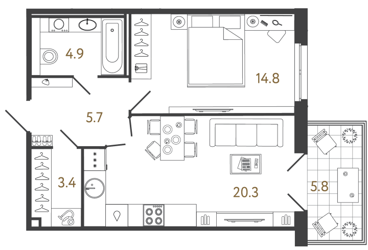 Планировка 1-ком. апартаменты, 49,1 м² на 2 этаже в лаунж-комплексе Репин у Финского залива - 35 035 531 ₽