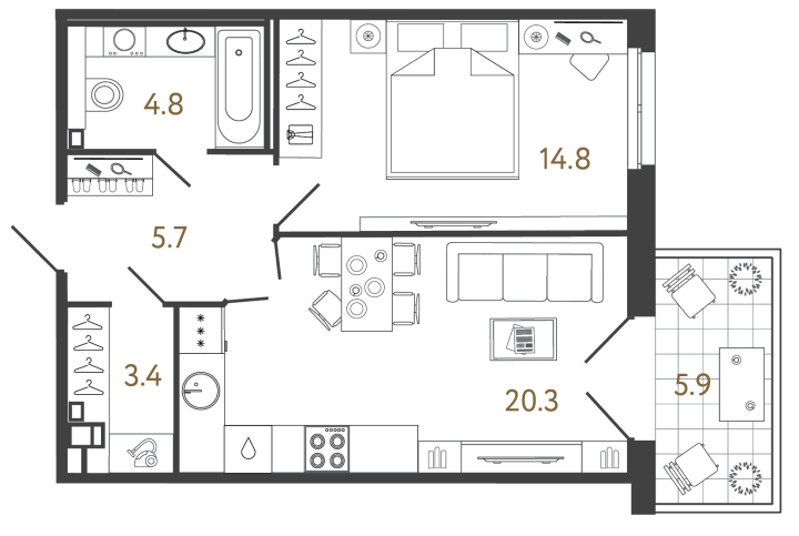 Планировка 1-ком. апартаменты, 49 м² на 3 этаже в лаунж-комплексе Репин у Финского залива - 37 003 193 ₽
