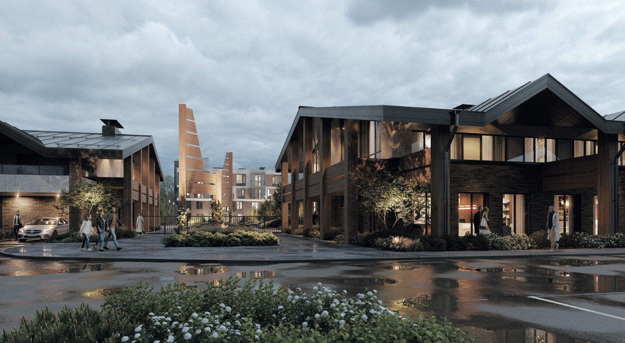 Апартаменты у Финского залива в комплексе Репин - вечерний вид на современные жилые здания с теплым освещением и ландшафтным дизайном