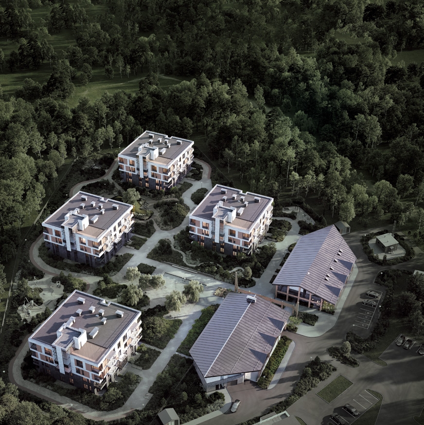 Аэрофотосъемка жилого комплекса Репин в окружении соснового леса у Финского залива