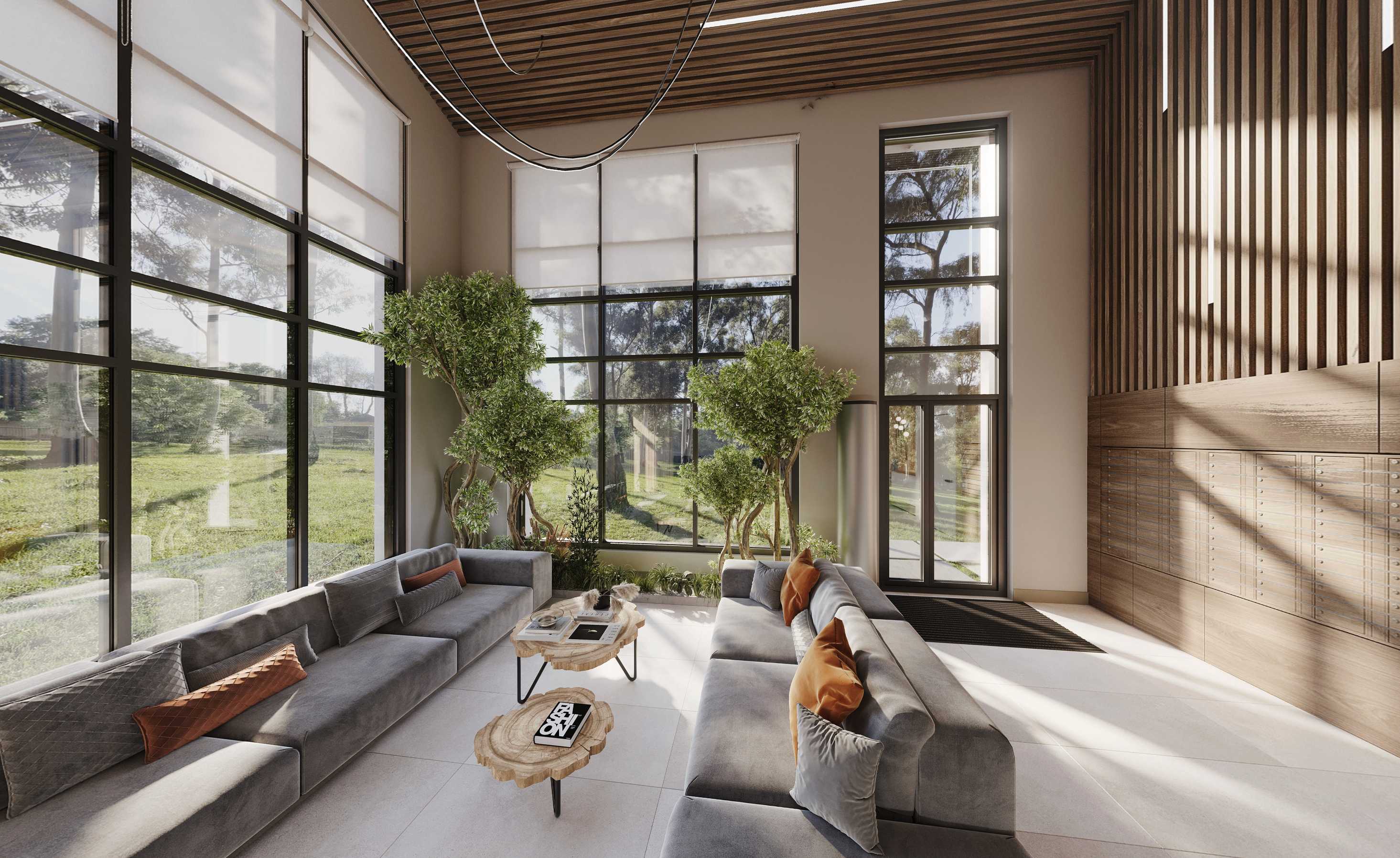 Роскошная гостиная в апартаментах жилого комплекса Репин у Финского залива с панорамными окнами и современным дизайном