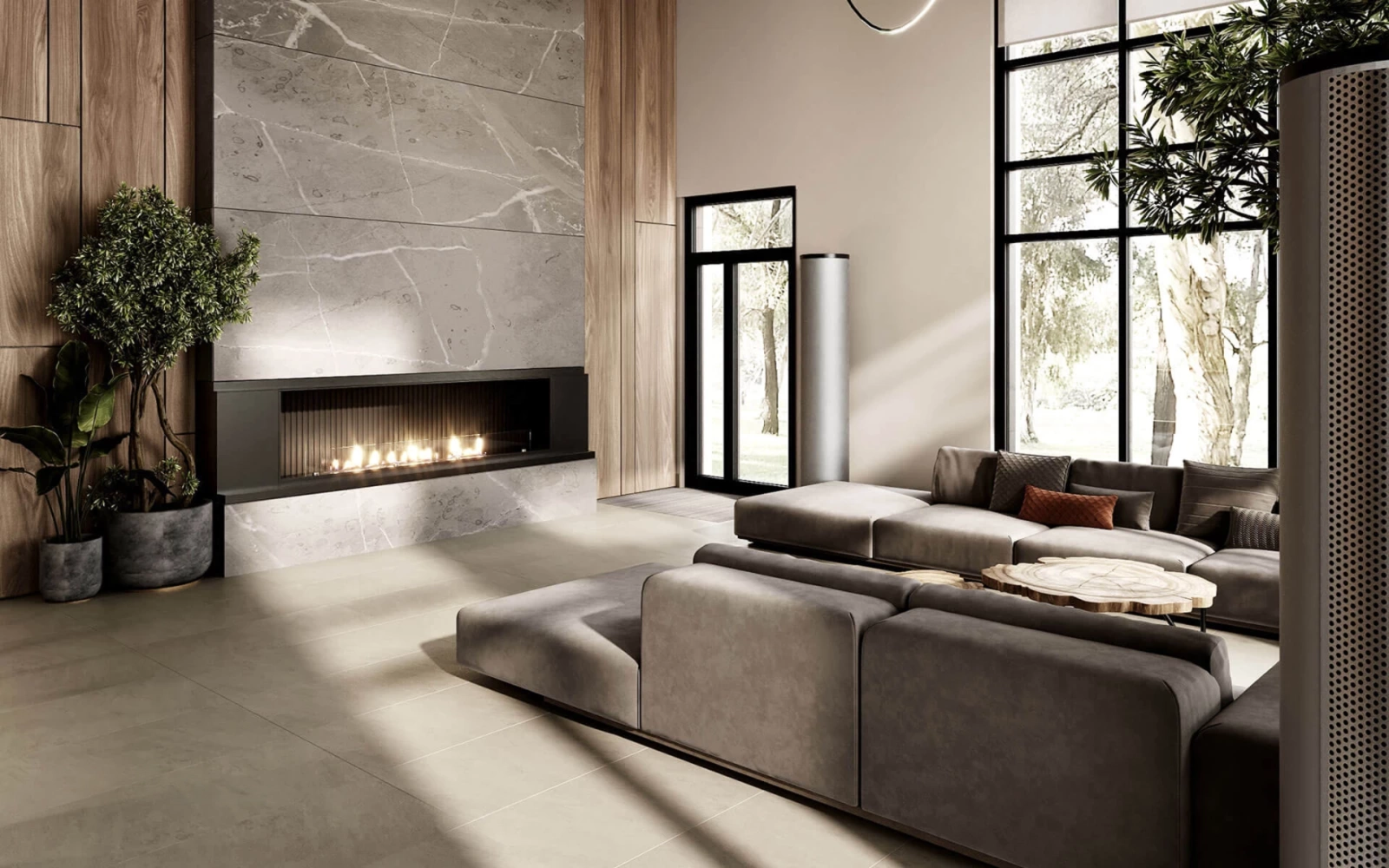 Роскошный интерьер апартаментов в жилом комплексе Репин у Финского залива с камином и панорамными окнами